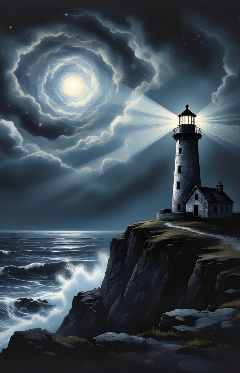 lighthouse, landscape, sea, coast, port, ocean, tower, beacon, rock, clouds, storm, maritime, sky, nautical, night, warning, caution, danger, signal, risk, moon, fantasy, ai generated, copy space, greeting card-10077495.jpg